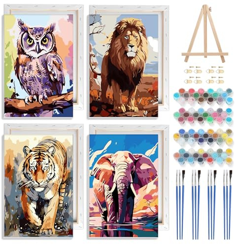 NAIMOER 4 Pièces Animaux Peinture par Numéros pour Adulte avec Cadre, Animaux Peinture Numéros Enfants, Cadeaux Décoration Maison 20x30cm (Hiouf, Lion, Tigre, Éléphant)