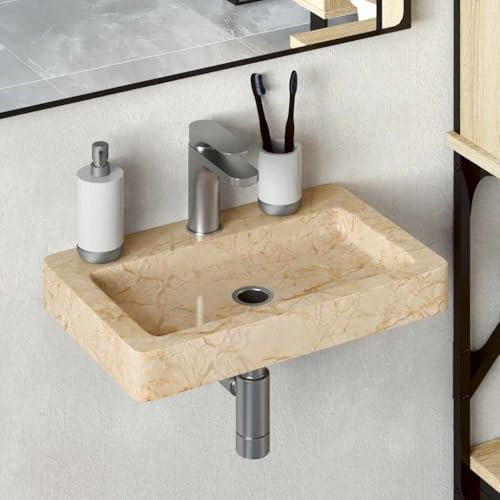QJBSAVVA Lavabo mural en marbre crème 38 x 24 x 6,5 cm - Design moderne robuste et élégant pour salle de bain et buanderie