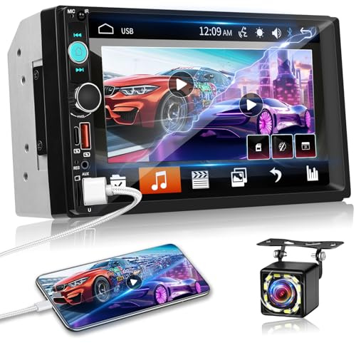 NHOPEEW 2-DIN-7-Zoll-Autoradio mit kabelgebundenem Mirror Link, Bluetooth-FM-EQ, Lenkradsteuerung, gemeinsamer Videowiedergabe, 7-Farbiger Tastenbeleuchtung, Zwei USB-/Typ-C-/SD-/AUX-Anschlüssen