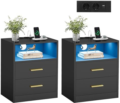 VASAGLE Nachttisch mit Ladestation, 2er Set, LED-Beleuchtung, Schubladen
