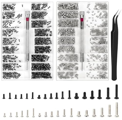 AUNHOKE Kleine Schrauben Set, 1000 Stück Winzige Reparaturschrauben | M1.2 M1.4 M2, Uhrenbrille Computer Ersatzschrauben mit Schraubendreher Pinzette für Brillen Schrauben, Uhren (L+N)