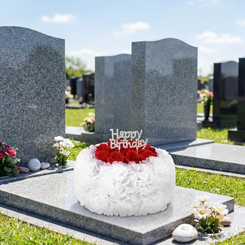 Memorial Birthday Grave Decor Cemetery Fake Cake with Flower Sticks, Red