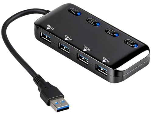 Hub USB 3.0 Multiprise, 4 Ports USB Multiple Ultra Fin avec Interrupteurs Individuels on/Off et Voyants LED, Prise USB Multiple Compatible avec PC, Mac, et USB 2.0,Facile à Ranger et à Transporter