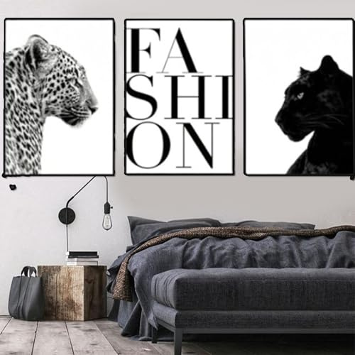 3er Set Leinwandbilder Poster,Schwarz Weiß Mode Tier Y2k Leopard, moderne Wanddekoration,für Wohnzimmer Schlafzimmer Büro Flur Wanddeko Kunst,Ohne Rahmen (30x40cm)