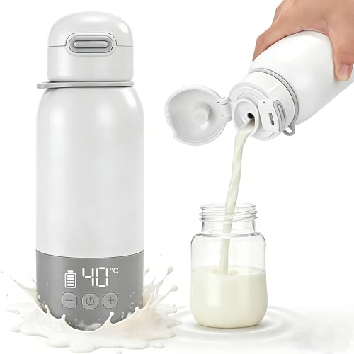 Chauffe Biberon Nomade Portable Sans Fils, 450ML Chauffe-Biberon Nomade pour Lait Maternel et Eau, 100W Chauffe Rapide + Température Réglable, Charge USB Chauffe-Eau pour Voyage (Blanc)