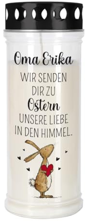 private grief® Oster Grablicht Trauerkerze personalisiert mit Name – Gedenkkerze zu Ostern für Verstorbene – Personalisierbare Grabkerze mit Hasen Motiv – 2 Größen (Dir, M (7,5 x 21 cm))