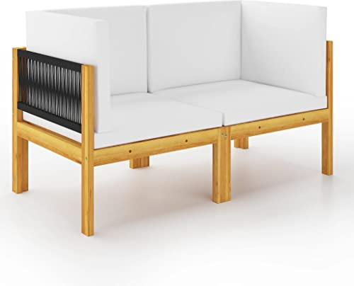 Mokuyary - Banco de jardín de 2 plazas con cojines de madera de acacia y cuerda para banco de jardín, muebles banco para modificación, balcón, terraza, Veranda, pérgola