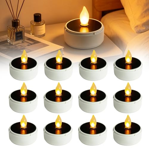 Behogan Lot de 12 bougies chauffe-plat solaires d'extérieur : bougies LED Bougies solaires étanches, bougies chauffe-plat vacillantes, bougies solaires étanches pour l'extérieur, bougies sans flamme
