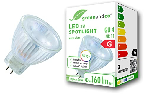 greenandco CRI 90+ MR11 GU4 LED Spot | 3W 160 lm | 3000K warmweiß | 38° | 12V AC/DC | nicht dimmbar