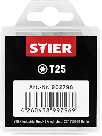 STIER TORX-Bit-Großpackung, 50 Bits, T 25, 25 mm Länge, Profi Werkzeug, langlebig und robust, in Plastikbox, ideal für professionelle oder heimwerker Anwendungen