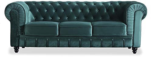 Chesterfield, Sofa de Tres Plazas, Sillon Descanso, 3 Personas, Acabado en Tejido Velvet Verde y Capitone, Medidas: 211 cm (Largo) x 84 cm (Fondo) x 75 cm (Alto)