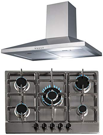 SIA 70cm Stainless Steel 5 Burner Gas Hob And Extractor Chimney Cooker Hood Fan