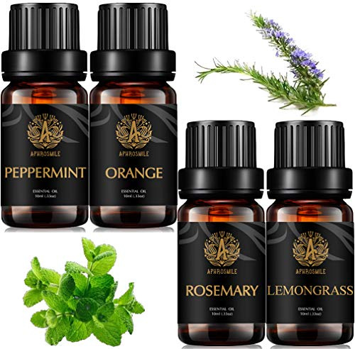 Aromatherapie Pfefferminze ätherisches Öl Set für Diffusor, 100% reines Zitronengras ätherisches Öl Kit für Kerze & Seifenherstellung, 4x10ml Orange, Rosmarin Öle Set für Massage
