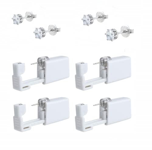Kuesn 4 Pack Ear Piercing Gun Kit - Disposable Self Mixed Colours - Safety No Pain - Ear Nose Piercing Gun with Stud (White Crown)
