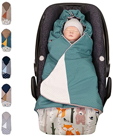 ULLENBOOM Einschlagdecke Babyschale Sommer, Aus 100% Oeko-TEX Materialien - Waldtiere Petrol (Made in EU) - Decke für Babyschale & Kinderwagen, Für gängige Kindersitze, ideal für 0 bis 9 Monate