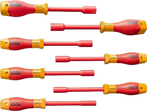 INGCO Jeu de Clé à Douilles Tournevis Isolé 7 Pièces, Jeu de tournevis VDE à douille d'électricien 1,000V, Conformément à la certification GS HKISD0701