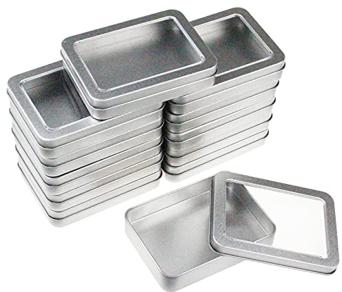 Goodma 12 Pieces Rectangular Empty Metal Tins Home Storage Containers Organizer Mini Box with Clear Window Lid, 115 x 85 x 22 mm (Silver)