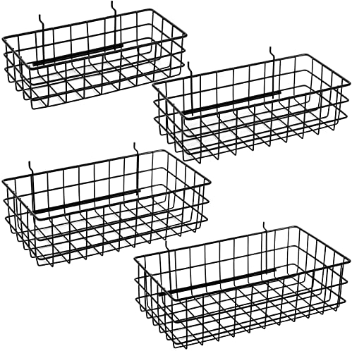 ZENFUN 4 Pack Pegboard Baskets, 4 Size Hanging Wall Basket Bin, Metal Wire Shelf Baskets for Organizing Various Tools, Workbench, Accessories, Garage Storage, Wall Mount Organizer, Square Style, Black
