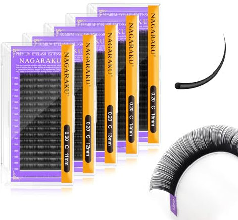 NAGARAKU 5 Trays Eyelash Extensions Supplies Classic 1:1 Lashes Individual Volume Lash Extensions Single Natural Eyelashes Matte Black 16 Rows (0.20mm C Curl 11/12/13/14/15mm in 1 Pack)