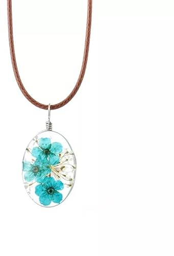 Damen Halskette echte getrocknete Blumen mit Lederbandkette (Blau)