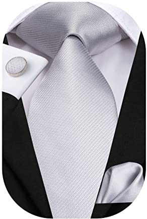 Hi-Tie Herren Krawatte Schwarz Paisley/Plaid/Streifen/Einfarbig Krawatten Set Einstecktuch Manschettenknöpfe Business Formal Hochzeit Meeting Geschenkbox,Silber solide