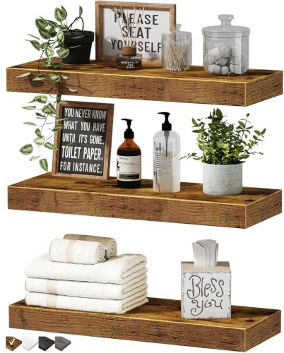 QEEIG Floating Shelves for Wall Bathroom Shelf Bedroom Kitchen Living Room Hanging Book Shelves Small Farmhouse Decor 16 inch Set of 3, Rustic Brown (015-BN3)