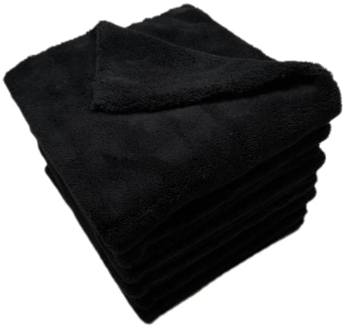 SOFTBATFY Lot de 6 serviettes en microfibre sans bords en peluche pour voitures, séchage de voiture, lavage et polissage, 500 g/m², 40,6 x 40,6 cm (noir)