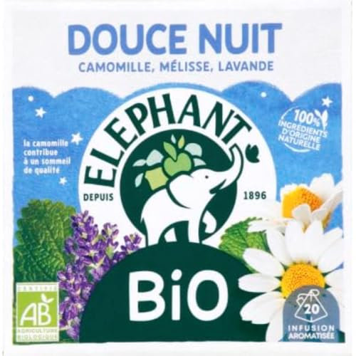 Elephant, Infusion Bio Douce Nuit, Goût Camomille, Mélisse et Lavande, Bien Etre et Relaxation, Ingrédients d'Origine 100% Naturelle, 20 Sachets Pyramid