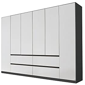 Rauch Möbel Mainz Schrank Kleiderschrank Drehtürenschrank Weiß/Grau metallic, Schwarz, 6-türig mit 4 Schubladen inkl. Zubehörpaket Basic 4 Einlegeböden, 4 Kleiderstangen, grifflos BxHxT 271x210x54 cm