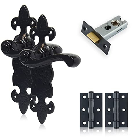 XFORT Smithy's Range Fleur De Lys - Set completo con maniglie per porta, chiavistello tubolare da 65 mm, cerniere da 75 mm per porte interne in legno