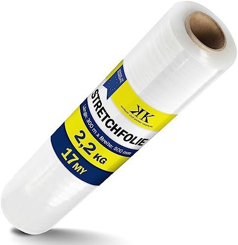 KK Verpackungen® Stretchfolie 500 mm x 300 m | 48 Rollen, Echte 2,2 kg Wickelfolie für Umzug in Transparent | Verpackungsfolie für Möbel