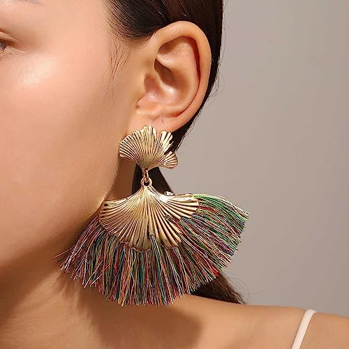 Wendalern Lange Quaste Fächer Ohrringe - Boho Unregelmäßige Blatt Ohrstecker, Bunte Fransen Baumeln, Ethnische Regenbogen Tropfen - Prom Aussage Schmuck Für Frauen Mädchen
