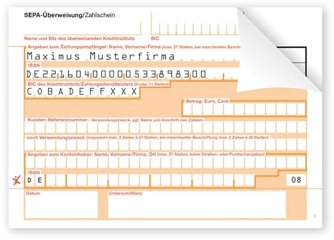 Litfax SEPA-Überweisung Zahlschein mit personalisiertem Überweisungsvordruck, 1000 Stück - DIN A6, 2-fach mit Durchschlag, Leicht zu trennen, selbstdurchschreibend - Bankneutral in Deutschland