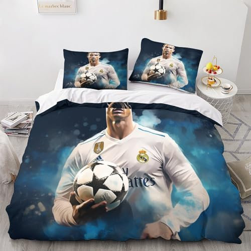 LSORU Ronaldo Bettwäsche Set Kinder Mikrofaser Bettbezüge 3D Gedruckt Bettbezug 3 Teilig Mit ReißVerschluss,Soft Bettwaren King(220x240cm)