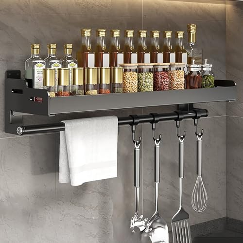 Edumov 60cm Gewürzregal Wand, Küchenregal Wand ohne Bohren, Gewürzregal Hängend mit Küchenrollenhalter und Haken, Gewürzhalter, Metall Rostfrei Gewürz Organizer - Spice Rack, Schwarz