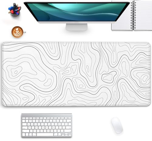 Grand tapis de souris topographique blanc avec bords cousus, base en caoutchouc antidérapant, taille XL étendue, pour bureau, maison et travail (70 x 30 cm)