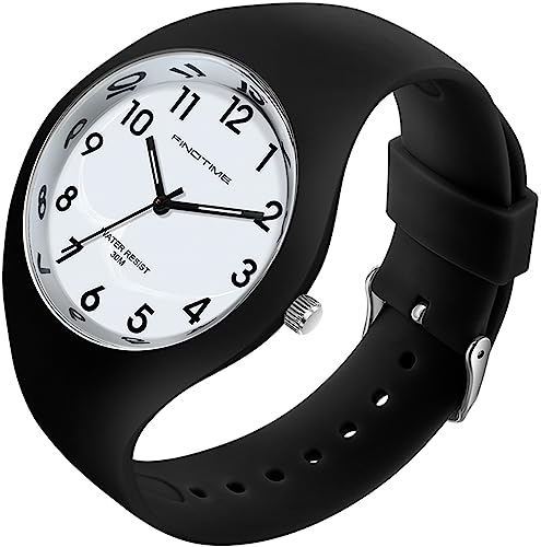 findtime Schwarz Jelly Armbanduhr Damen für Frauen Studenten Mädchen Jungs Minimalistisch Bunte Analog Quarz Damenuhr Weich Silikon Armband