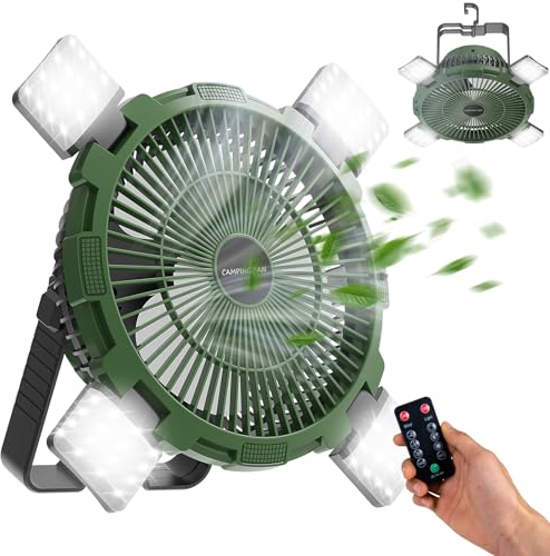Qoosea Camping Ventilador 3 en 1 Carpa Camping Fan USB 8000mah carpa Recargable Ventilador de mesa de Ventilador de Techo con Gancho de Luz LED Control Remoto Ventilador Portátil al aire libre camión