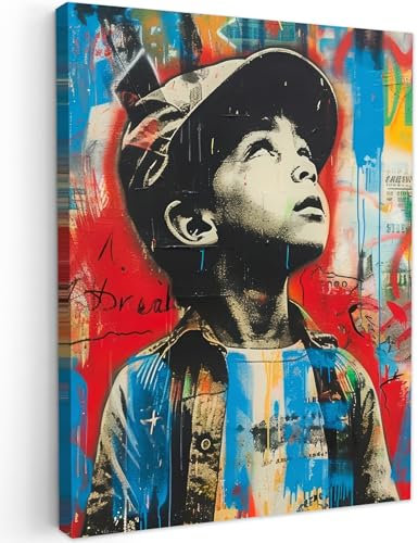 MuchoWow© Leinwandbilder 60x80 cm Wall Art Decoration Bilder für die Wand Schlafzimmer Deko Canvas Painting Wanddekoration Wohnzimmer Graffiti - Vintage - Junge - Street art - Neon - Banksy