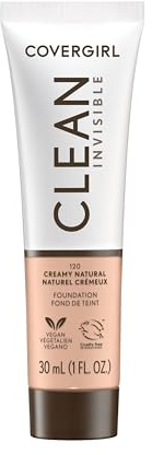 COVERGIRL Clean Invisible Foundation Makeup, Dewy & Glowy Finish, Buildable Coverage, Skin-Like Smooth Look, Vegan, Creamy Natural, 1oz