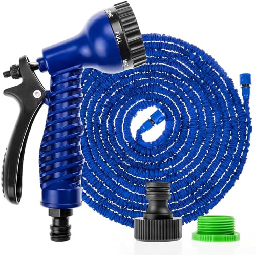 Expandable Garden Hose 75ft - Flexible Hose Pipe with Multi-Function Spray Gun, Weatherproof & Anti-Tangle, Blue - Savisto