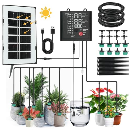 Solar Drip Irrigation System, Automatic Solar Powered Greenhouse Garden Plants Watering Device with 12 Timing Modes, Easy DIY Drip Irrigation Kit Systems with 15 Adjustable Watering Drippers