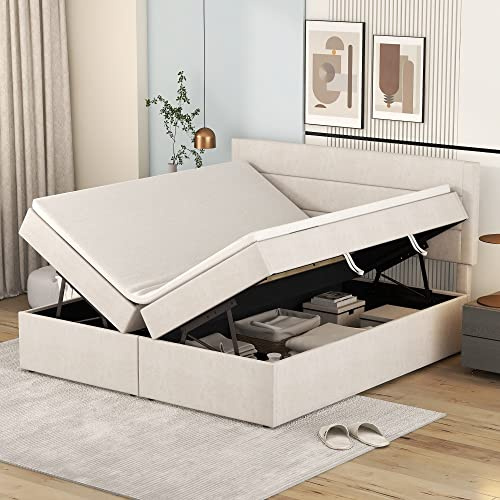 MQLAE Boxspringbett 140x200 mit Bettkasten, Polsterbett Doppelbett mit Großer Stauraum, Bett mit Lattenrost, Bettgestell aus Holz und Metall, Stauraumbett Rückenlehne Bett für Familie, Leinen Beige