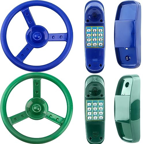 4 Pack Kids Swing Set Accessories Playground Steering Wheel Plastic Telephone Toys for Outdoor Treehouse Backyard Playground (Color Set 1)