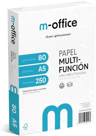 Paquete Folios A5 80gr, Paquete de 250 hojas, Papel Multifunción para Impresora Inkjet y Láser, Hojas A5 148 x 210 mm Ideales para la Oficina como para el Hogar · m-office (250 hojas)