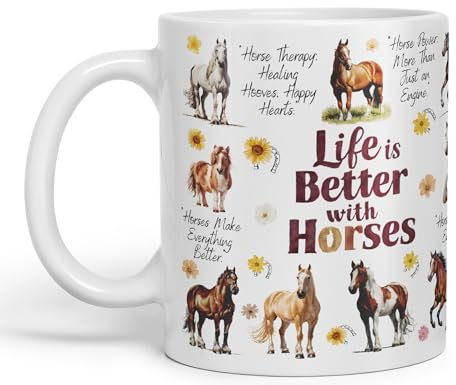 Vixar Life is Better with Horses Horse Joke Ceramic Coloured Mug Cup for Tea Coffee Hot Brew 330ml 11Oz Gift (White)