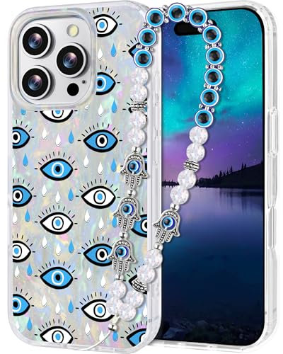 Compatible with iPhone 16 Pro Max Case for Women Girls, Slim Fit Glitter Cute Phone Case for iPhone 16 Pro Max with Evil Eye Lanyard Wrist Strap, Shockproof Hard Protective Case 6.7 Inch