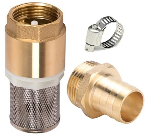Beatific Messing Rückschlagventil 1 Zoll, Saugfilter Set 1, Messing Fußventil mit Rückschlagventil, Saugkorb, Schlauchanschluss und Schlauchschelle (Schraubengewinde 1 Zoll + Schlauchanschluss 19mm)