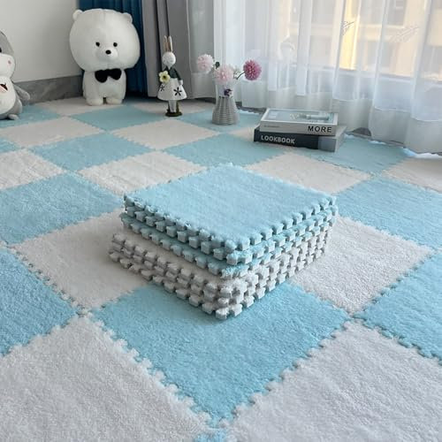 30 * 30 * 0.6cm Plush Mat, Foam Puzzle Carpet, Interlocking Rugs For Home Living Room Bedroom 10pc(White Light Blue)