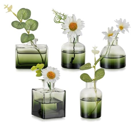Hewory Glass Bud Vases for Flowers: 5pcs Green Glass Vase Small Vases for Table Decoration - Assorted Small Flower Vase Set Mini Vase for Wedding Centrepiece Living Room Decor Home Party Birthday